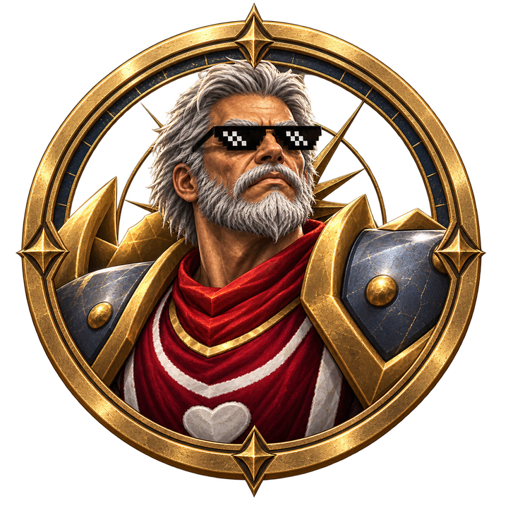 The $LEEROY token: an armoured, white-bearded paladin in pixel sunglasses, set in a gold medallion.
